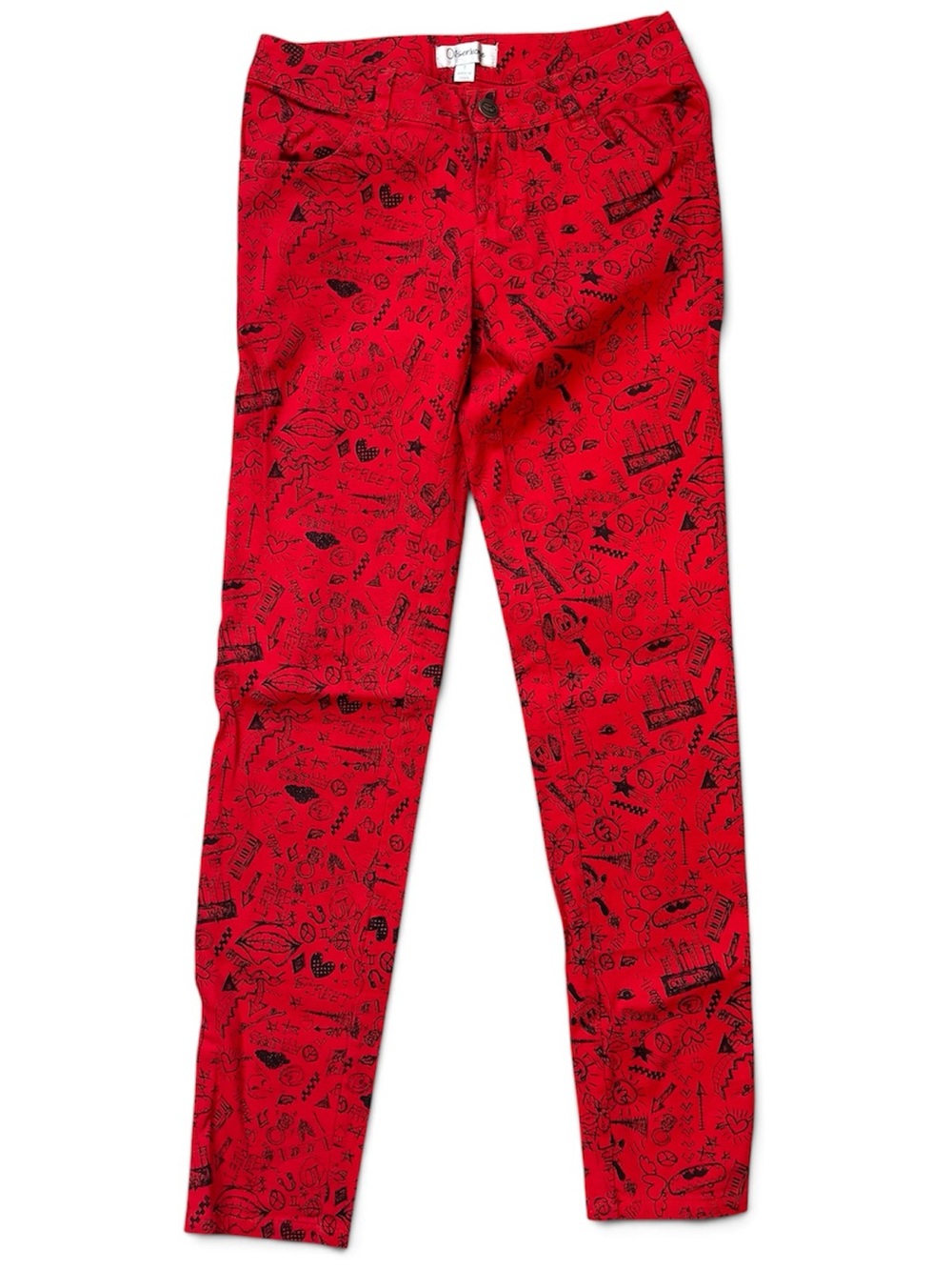 Olsenboye Red Graphic Skinny Jeans | Size 1 | Y2K Statement Pants